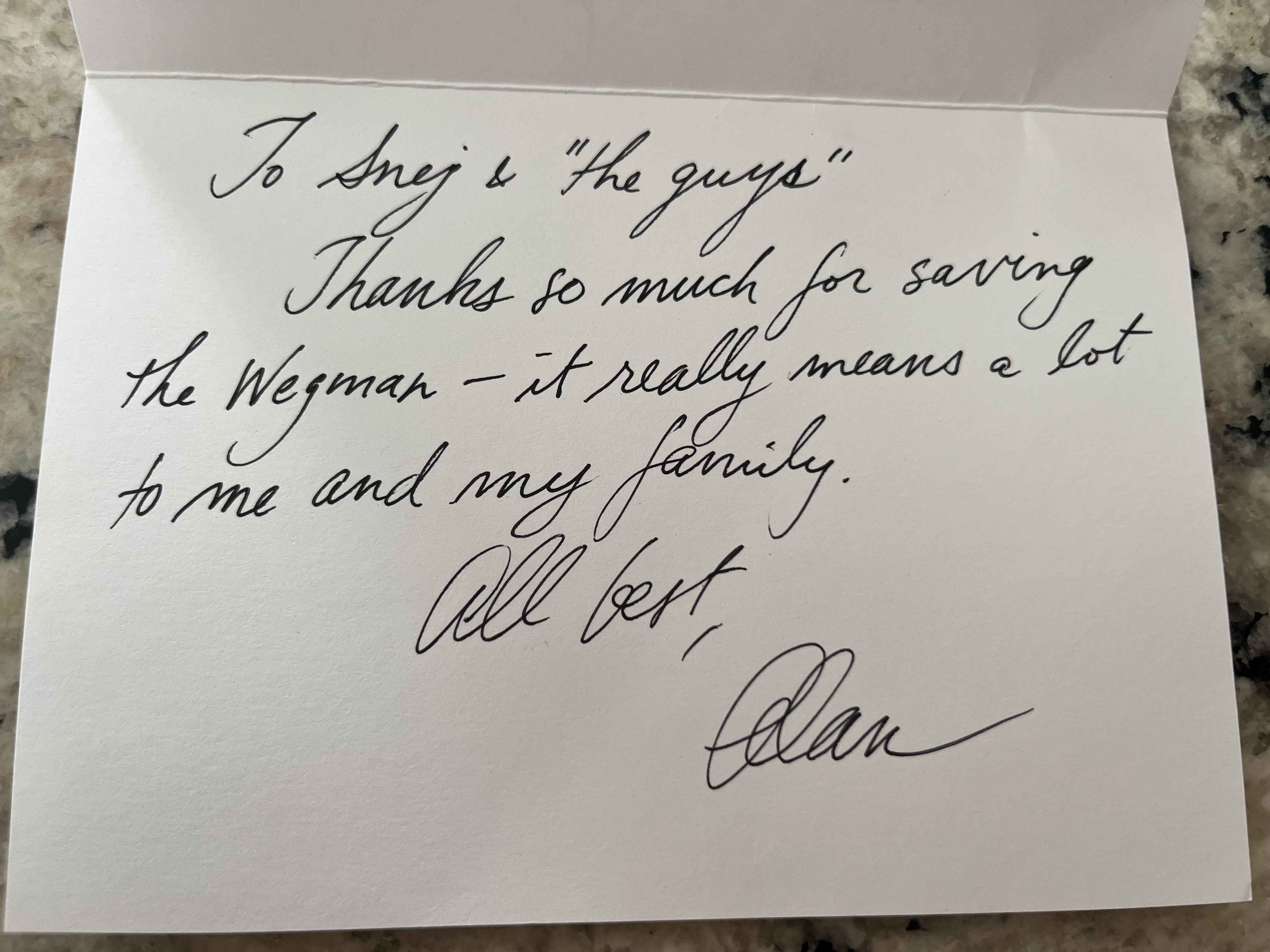 Handwritten client thank-you note about a Wegman piano repair