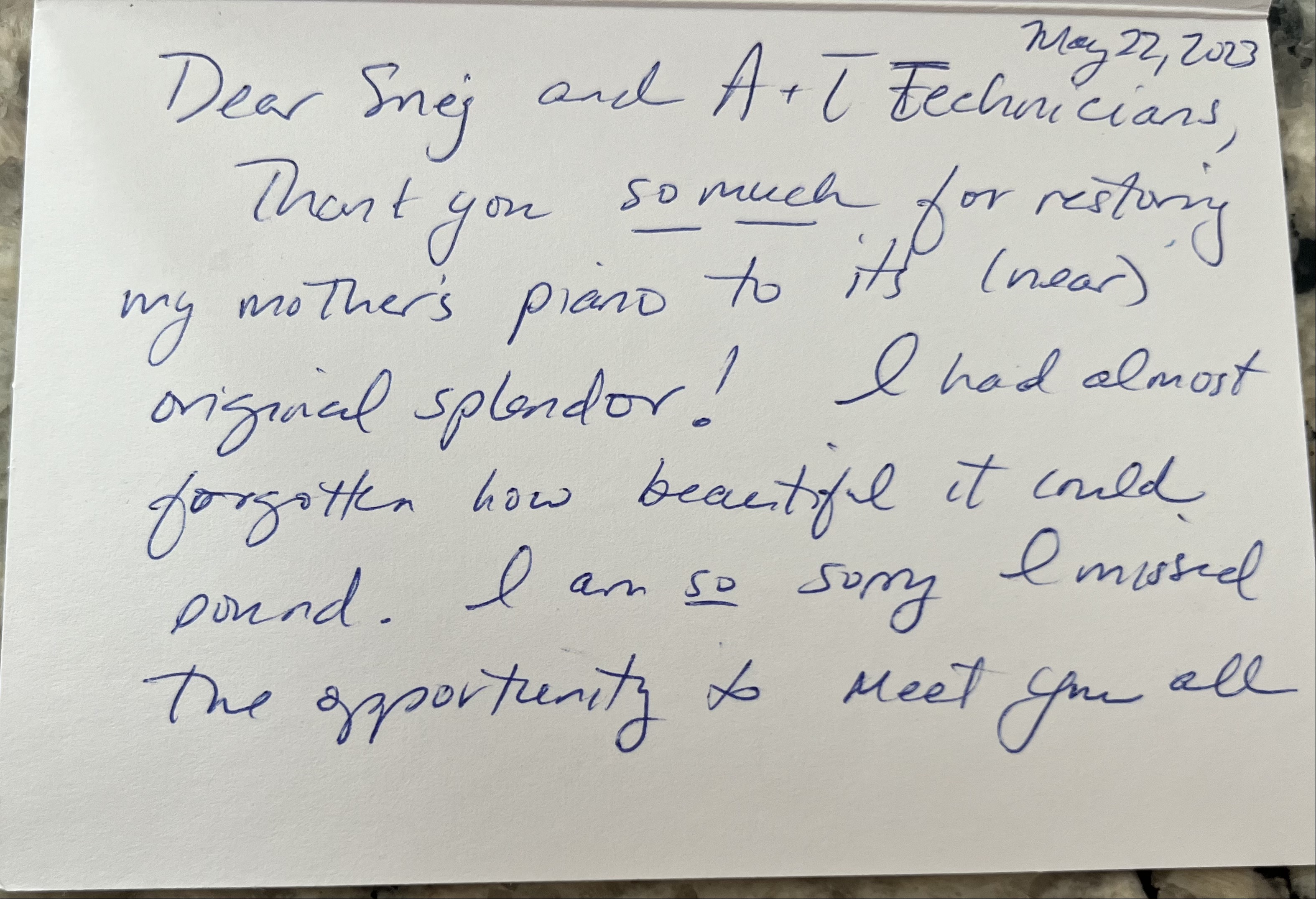 Handwritten client thank-you note about piano restoration
